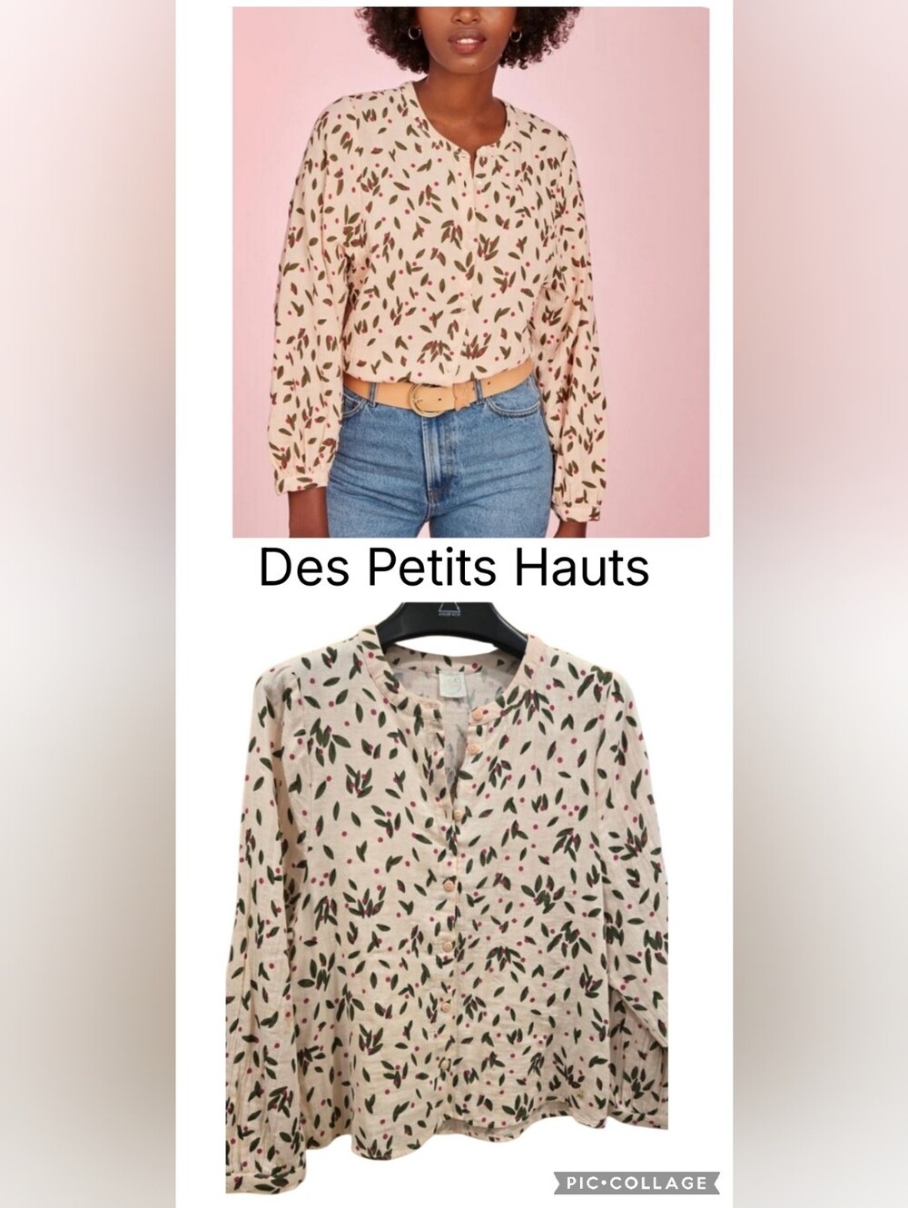 NWOT Des Petits Hauts Vimette 100%Cotton Blouse-Cream with Multi Leaf Print Sz S